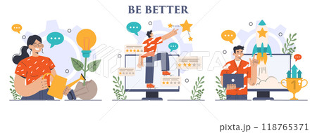 Be better concept set. Improvement and development idea. Growth of business or professional qualification, competencies and skills. Training for career development. Flat vector illustration Be better concept set. Improvement and development idea. Growth of business or professional qualification, competencies and skills. Training for career development. Flat vector illustration 118765371