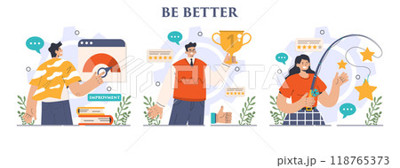 Be better concept set. Improvement and development idea. Growth of business or professional qualification, competencies and skills. Training for career development. Flat vector illustration Be better concept set. Improvement and development idea. Growth of business or professional qualification, competencies and skills. Training for career development. Flat vector illustration 118765373