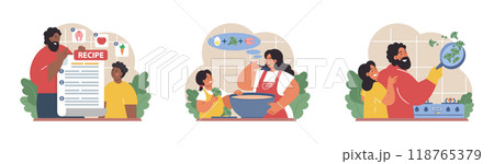 Parents teaching their child how to cook set. Family making food in the kitchen together. Kid, mother and father following recipe. Parenting and family bonding. Flat vector illustration 118765379