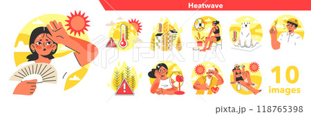 Heat wave set. Character suffering from heat. Climate change causing abnormal temperature problem. Strong sunlight, hot summer day. Flat vector illustration 118765398