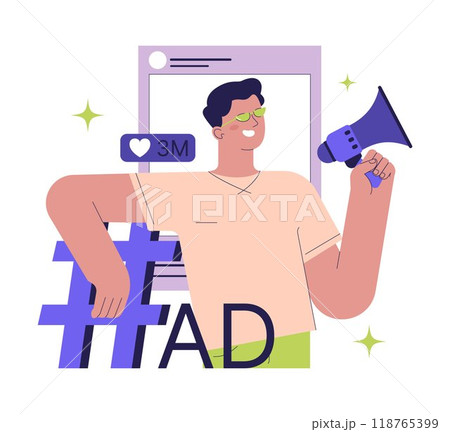Business using social media. Digital promotion. Website or brand advertisement and public relations. Social media influencer, popular celebrity attract customers. Flat vector illustration 118765399
