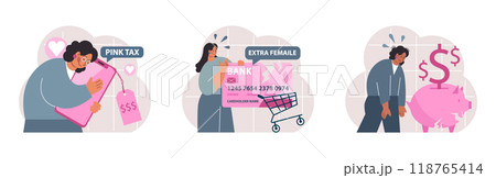 Pink tax concept set. Gender based price discrimination. Higher price for products marketed for women. Unequal accounting. Flat vector illustration Pink tax concept set. Gender based price discrimination. Higher price for products marketed for women. Unequal accounting. Flat vector illustration 118765414
