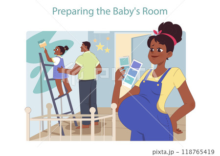 Family expecting a second child. Black woman pregnant with a second baby. Mom, dad and daughter preparing a new room, painting a wall together. Flat vector illustration Family expecting a second child. Black woman pregnant with a second baby. Mom, dad and daughter preparing a new room, painting a wall together. Flat vector illustration 118765419