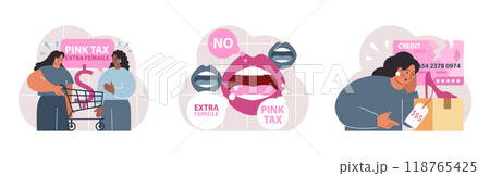Pink tax concept set. Gender based price discrimination. Higher price for products marketed for women. Unequal accounting. Flat vector illustration Pink tax concept set. Gender based price discrimination. Higher price for products marketed for women. Unequal accounting. Flat vector illustration 118765425