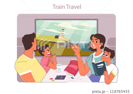 Family trip. Characters traveling by train looking outside windows at landscapes. Passengers, mom dad and children going on a vacation on a summer holidays. Flat vector illustration Family trip. Characters traveling by train looking outside windows at landscapes. Passengers, mom dad and children going on a vacation on a summer holidays. Flat vector illustration 118765435