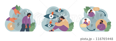 Condemnation set. Public censure or judgement. Upset victim being bullyed and shamed by others. Flat vector illustration 118765448