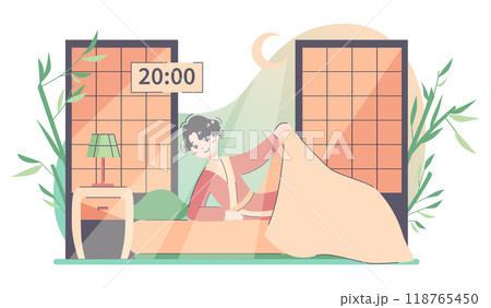 Daily lifestyle of an asian man. Japanese man in traditional clothes going to bed in the evening. Sleepy man lying under the blanket. Bedtime everyday schedule. Flat vector illustration 118765450