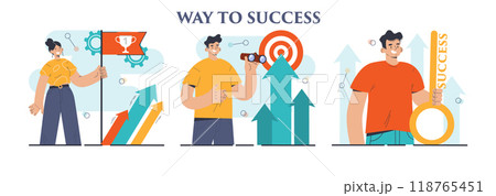 Way to success set. Business or personal development journey. Self-growth and career progress in the future. Goal, motivation, hard work and result. Flat vector illustration Way to success set. Business or personal development journey. Self-growth and career progress in the future. Goal, motivation, hard work and result. Flat vector illustration 118765451