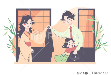 Daily routine of an asian family. Japanese man coming home from a work day. Wife and child welcome a dad home. Daughter hugging her father. Flat vector illustration 118765452