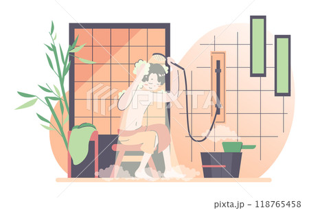 Daily routine of an asian man. Japanese male character in traditional asian bathroom, taking shower. Flat vector illustration 118765458