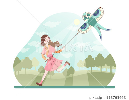 Asian people enjoying their free time. Japanese character performing traditional activities. Qing ming festival, gir fly kites during the holiday. Flat vector illustration Asian people enjoying their free time. Japanese character performing traditional activities. Qing ming festival, gir fly kites during the holiday. Flat vector illustration 118765468