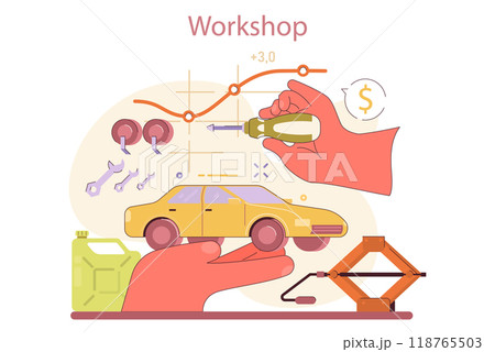 Car repair service. Starting and developing small workshop business. Independent mechanic check a vehicle in a garage. Flat vector illustration. 118765503
