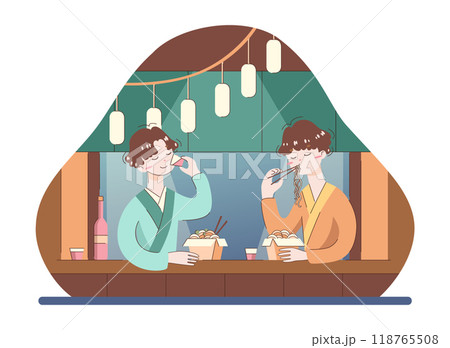 Asian people enjoying their free time. Japanese characters eating at noodles restaurant. Japan fast food. Male friends relaxing at traditional Izakaya. Flat vector illustration Asian people enjoying their free time. Japanese characters eating at noodles restaurant. Japan fast food. Male friends relaxing at traditional Izakaya. Flat vector illustration 118765508