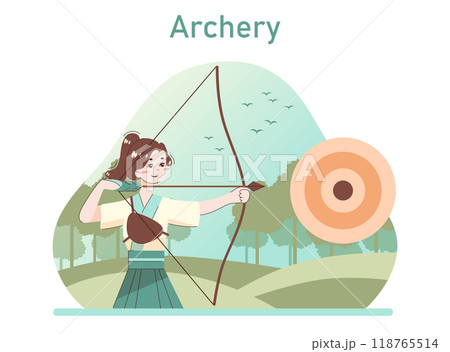 Asian character doing sport. Kyudo or japanese archery. Martial art training. Woman in traditional clothes with a longbow. Flat vector illustration 118765514