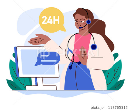 Online consultation with a doctor. Remote medical treatment by videocalling on a smartphone. Sick character with a heat chatting with medical worker on smartphone. Flat vector illustration Online consultation with a doctor. Remote medical treatment by videocalling on a smartphone. Sick character with a heat chatting with medical worker on smartphone. Flat vector illustration 118765515