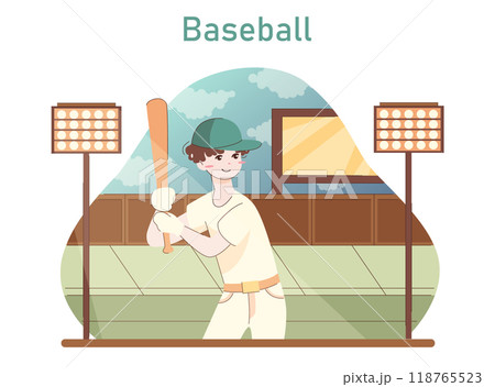 People doing sport. Baseball player holding a bat. Outdoor sadium game. Male character in the team uniform at the baseball match. Sportsmen training. Flat vector illustration 118765523