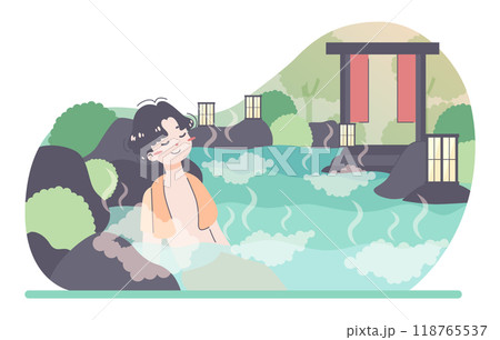 Daily routine of an asian man. Character relaxing in traditional hot spring. Man with a towel sitting in a hot water. Onsen spa resort. Flat vector illustration 118765537