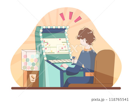 Asian people enjoying their free time. Japanese character playing arcade machine. Retro game console or slot machine. Entertainment amusement arcade center. Flat vector illustration Asian people enjoying their free time. Japanese character playing arcade machine. Retro game console or slot machine. Entertainment amusement arcade center. Flat vector illustration 118765541