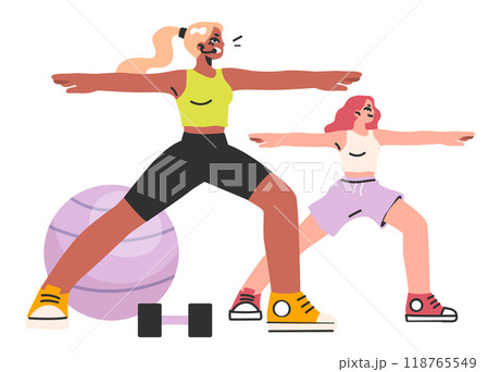 Female fitness trainer. Workout in the gym with professional instructor. Yoga or pilates training. Healthy and active lifestyle. Flat vector illustration Female fitness trainer. Workout in the gym with professional instructor. Yoga or pilates training. Healthy and active lifestyle. Flat vector illustration 118765549