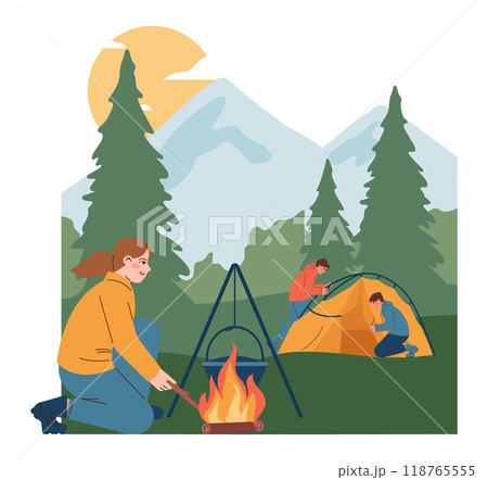 Mountaineering. Travelers sitting near campfire during nature adventure. Tourist, hiker or backpacker explore mountains and forest. Active recreation and camping. Flat vector illustration Mountaineering. Travelers sitting near campfire during nature adventure. Tourist, hiker or backpacker explore mountains and forest. Active recreation and camping. Flat vector illustration 118765555