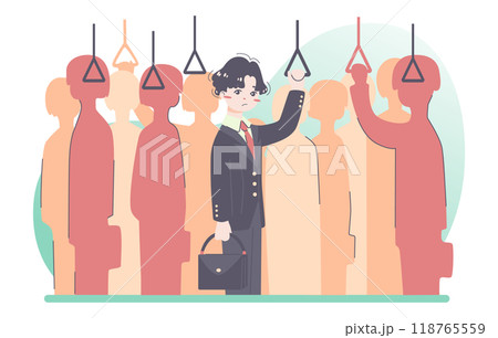 Daily routine of an asian man. Japanese clerk in the train. Crowded subway car. Public transport system. Businessman schedule, modern lifestyle. Flat vector illustration Daily routine of an asian man. Japanese clerk in the train. Crowded subway car. Public transport system. Businessman schedule, modern lifestyle. Flat vector illustration 118765559