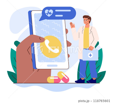 Online consultation with a doctor. Remote medical treatment by videocalling on a smartphone. Sick character with a heat chatting with medical worker on smartphone. Flat vector illustration 118765601