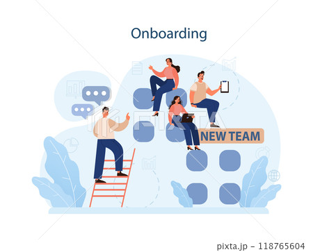 Human resources manager competency. Personnel management specialist. HR manager onboarding a new employee, maintaining warm welcome. Flat vector illustration Human resources manager competency. Personnel management specialist. HR manager onboarding a new employee, maintaining warm welcome. Flat vector illustration 118765604
