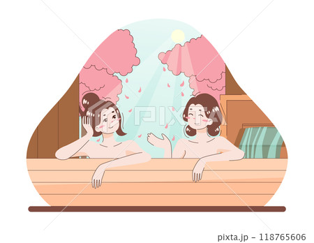 Asian people enjoying their free time. Japanese characters bathing together. Female friends relaxing in traditional onsen, hot spring bath or thermal pool. Flat vector illustration 118765606