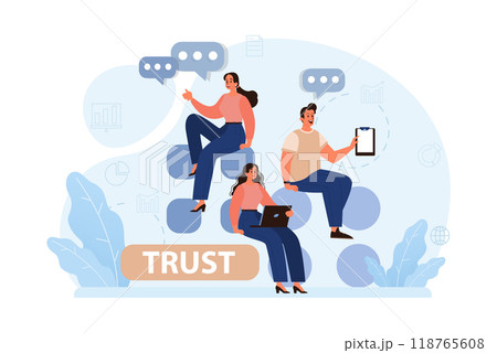 Company credibility. Brand reputation based on customer loyalty and trust. Corporate public relations strategy. Security of data. Flat vector illustration 118765608