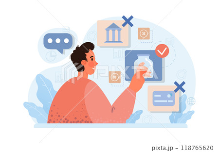 Reactionary or retrograde. Conservatism, traditional views and denying of progress, innovation and development. Character is afraid of the modern banking technologies. Flat vector illustration 118765620