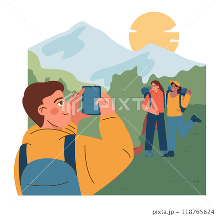 Mountaineering. Mountain climbers with backpacks during nature adventure. People climbing rock hiking in the woods, exploring mountains and forest. Active recreation. Flat vector illustration Mountaineering. Mountain climbers with backpacks during nature adventure. People climbing rock hiking in the woods, exploring mountains and forest. Active recreation. Flat vector illustration 118765624