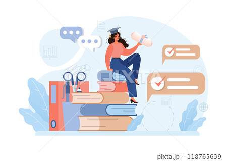 Online education. Character study remotely using internet, online services, application or website. Idea of e-learning and gaining knowledge by modern online courses. Flat vector illustration 118765639