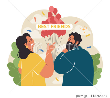 International friendship day. Cheerful characters celebrating a holiday of togetherness, unity and support. Best friends greeting together with balloons. Flat vector illustration International friendship day. Cheerful characters celebrating a holiday of togetherness, unity and support. Best friends greeting together with balloons. Flat vector illustration 118765665