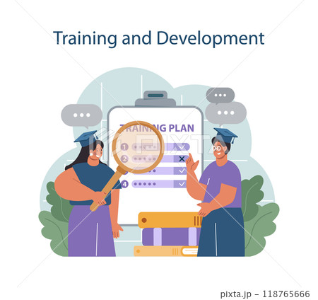 Human resources manager competency. Personnel management specialist. HR manager maintaining employee performance with training and professional development. Flat vector illustration Human resources manager competency. Personnel management specialist. HR manager maintaining employee performance with training and professional development. Flat vector illustration 118765666