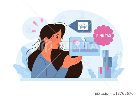 Pink tax concept. Gender based price discrimination. Higher price for products marketed for women. Unequal accounting. Flat vector illustration 118765676