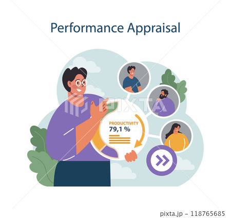 Human resources manager competency. Personnel management specialist. HR manager appraise employees performance and productivity. Flat vector illustration 118765685