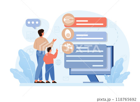 Father teaching his child how to cook. Family making food in the kitchen together. Dad and little boy following recipe. Parenting and family bonding. Flat vector illustration Father teaching his child how to cook. Family making food in the kitchen together. Dad and little boy following recipe. Parenting and family bonding. Flat vector illustration 118765692