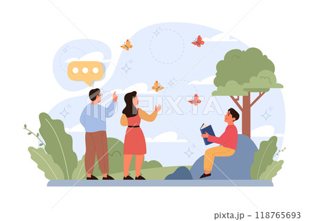 Children exploring nature on summer holidays. Active outside leisure for physical and mental health. Boy and girl having fun outdoors playing on the playground. Flat vector illustration Children exploring nature on summer holidays. Active outside leisure for physical and mental health. Boy and girl having fun outdoors playing on the playground. Flat vector illustration 118765693