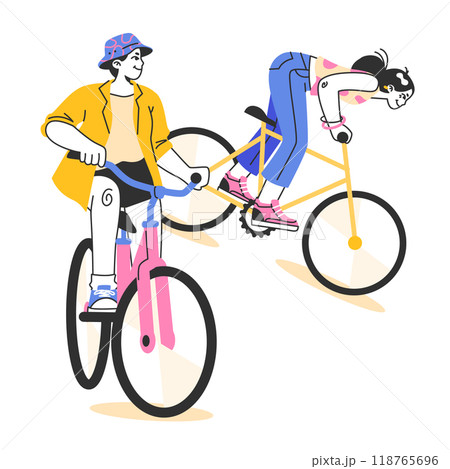 Healthy and active lifestyle. Young teenage characters hang out outside, riding a bikes together. Summer break activity, bicycle trip with friends. Flat vector illustration 118765696
