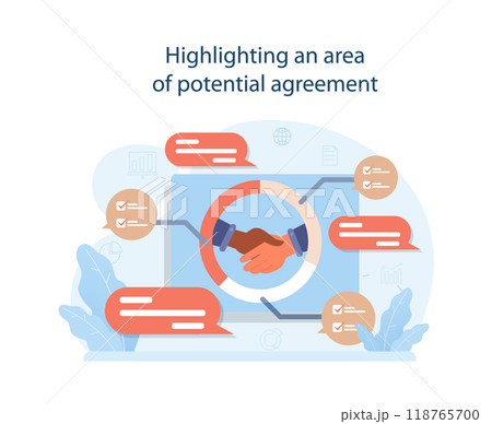 Highlight a potential agreement to conduct difficult negotiation. Business characters with opposite opinions coming up with mutual decision. Making a compromise on a meeting. Flat vector illustration 118765700
