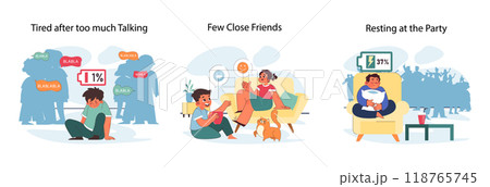 Introverted child set. Antisocial kid who prefers to spend time alone and avoid interaction with big group of people. Calm and thoughtful temperament' qualities and signs. Flat vector illustration Introverted child set. Antisocial kid who prefers to spend time alone and avoid interaction with big group of people. Calm and thoughtful temperament' qualities and signs. Flat vector illustration 118765745