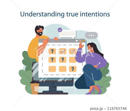 Understand true intentions to conduct difficult negotiation. Business characters with opposite opinions coming up with mutual decision. Making a compromise on a meeting. Flat vector illustration Understand true intentions to conduct difficult negotiation. Business characters with opposite opinions coming up with mutual decision. Making a compromise on a meeting. Flat vector illustration 118765746