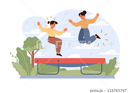Children exploring nature on summer holidays. Active outside leisure for physical and mental health. Little girls having fun outdoors playing on the playground. Flat vector illustration 118765747