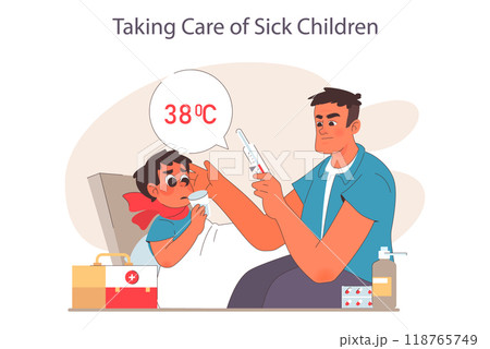 Father and son relationships. Happy loving family. Care, trust and support between parent and a child. Man taking care of his sick little son. Sick child lying in bed. Flat vector illustration. 118765749