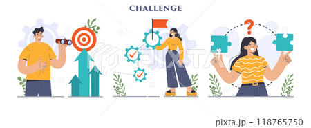 Business or professional challenge set. Character overcoming obstacles and hurdles on way to success. Goal achievement, motivation development. Flat vector illustration 118765750