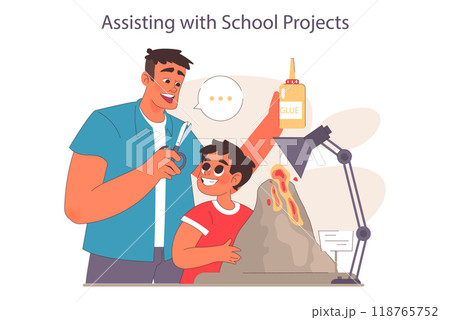 Father and son relationships. Happy loving family, positive parenting and nurturing. Man and little boy daily life. Dad helping a little student with a school project. Flat vector illustration. 118765752