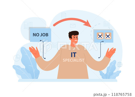 Dismissal of IT specialists. Mass unemployment of internet technology digital workers due to financial crisis. Overheated labor market. Flat vector illustration Dismissal of IT specialists. Mass unemployment of internet technology digital workers due to financial crisis. Overheated labor market. Flat vector illustration 118765758