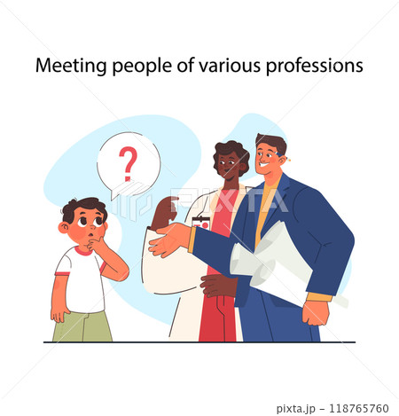 Career guidance for children. Meeting people of various professions helping kid to define a future career. Children education path for potential career. Flat vector illustration Career guidance for children. Meeting people of various professions helping kid to define a future career. Children education path for potential career. Flat vector illustration 118765760