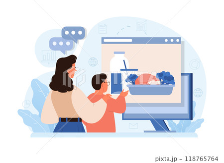 Mother teaching her child how to cook. Family making food in the kitchen together. Mom and little boy following recipe. Parenting and family bonding. Flat vector illustration Mother teaching her child how to cook. Family making food in the kitchen together. Mom and little boy following recipe. Parenting and family bonding. Flat vector illustration 118765764
