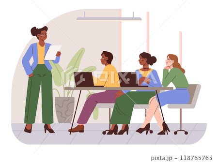 Modern office characters. Group of diverse business people chatting on the meeting or presentation. Team communication and collaboration for a brainstorming. Flat vector illustration 118765765